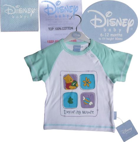 新款上市外貿原單Disney小童全棉短袖T恤小熊圖案 青綠與白色搭配